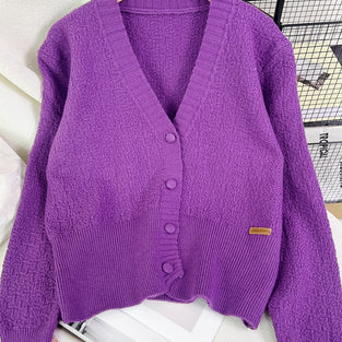 Ribbed Button-Up V-Neck Cardigan