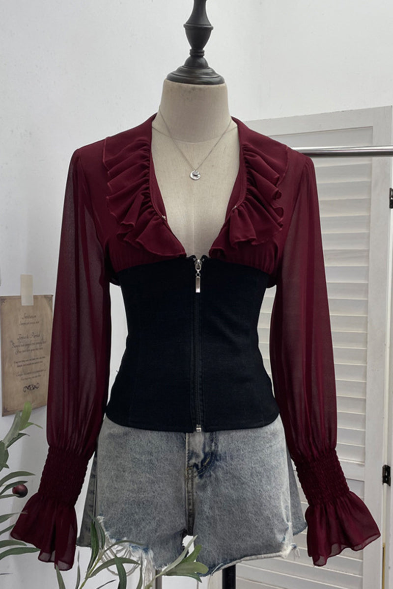 Ruffle Long Sleeve Zip-Up Blouse