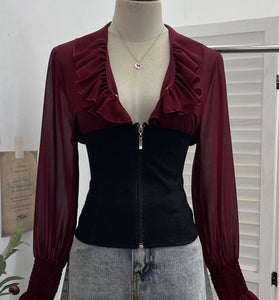 Ruffle Long Sleeve Zip-Up Blouse