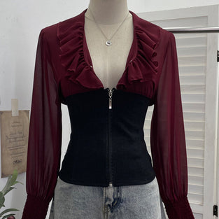 Ruffle Long Sleeve Zip-Up Blouse