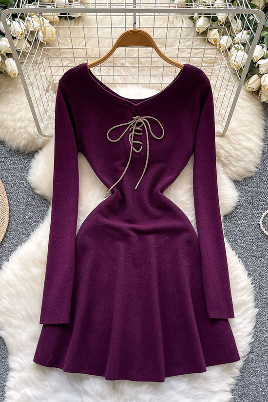 Lace-Up Long Sleeve Casual Dress