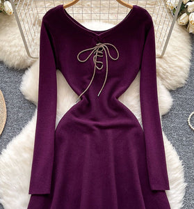Lace-Up Long Sleeve Casual Dress