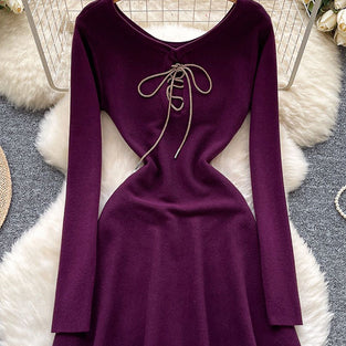 Lace-Up Long Sleeve Casual Dress