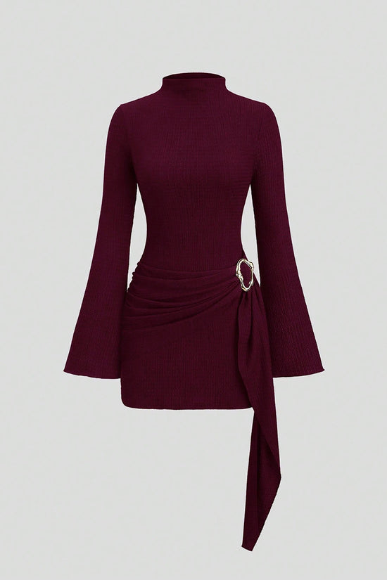 Belted High Neck Bell Sleeve Dress