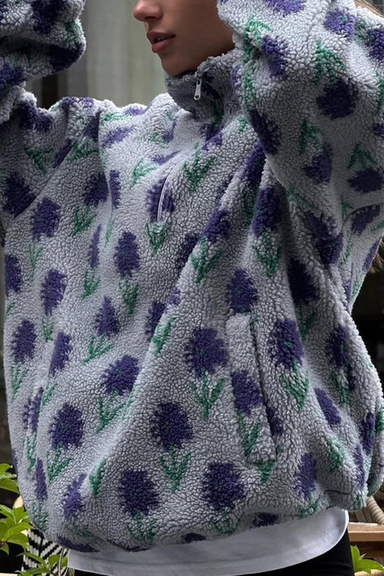 Floral Printed Zipper Front Cozy Jacket