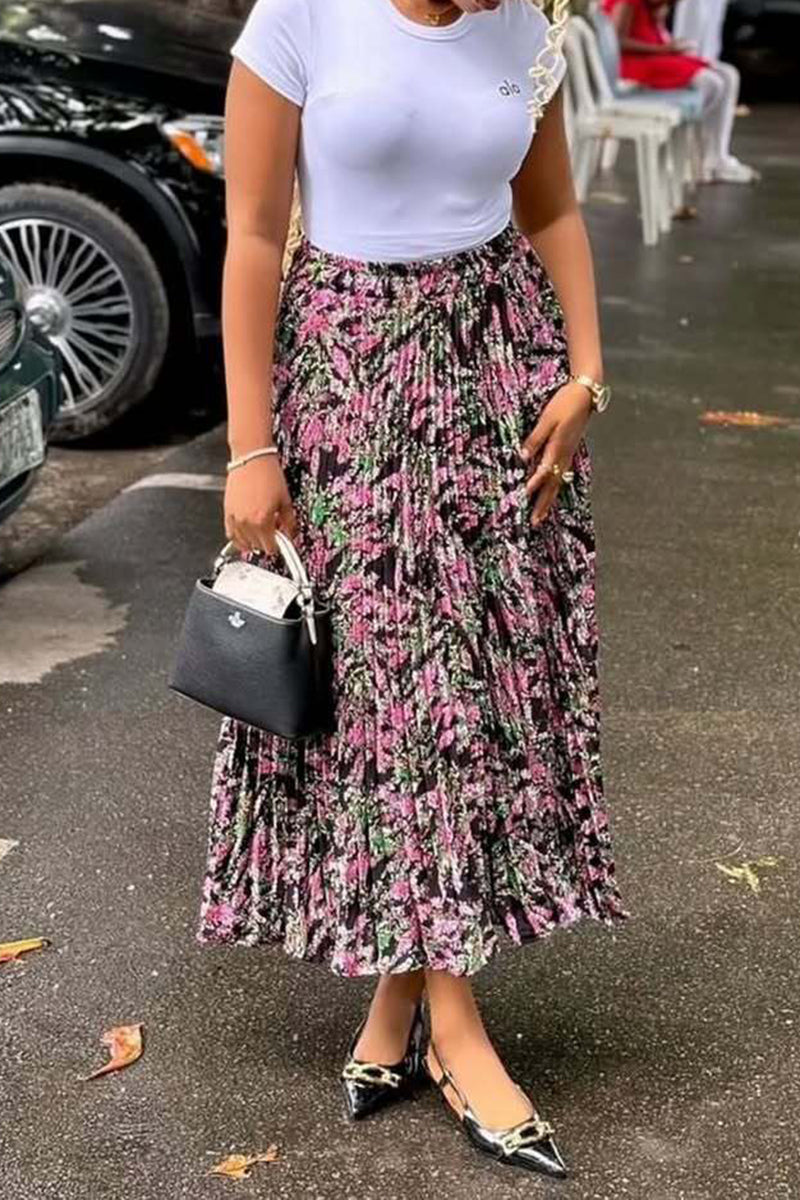 Floral Pleated Midi Skirt