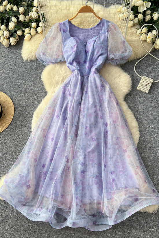 Elegant Floral Puff Sleeve Casual Dress