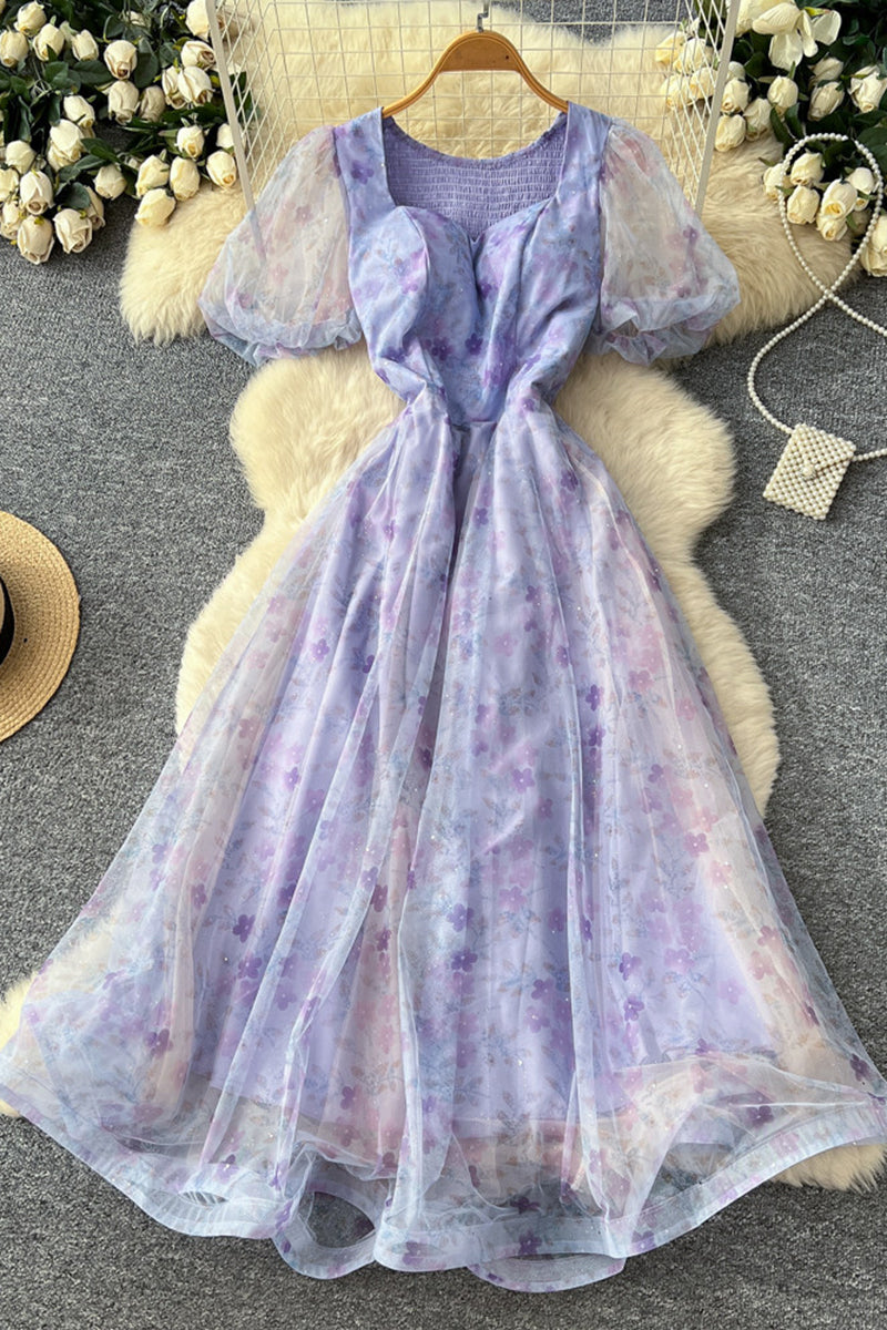 Elegant Floral Puff Sleeve Casual Dress