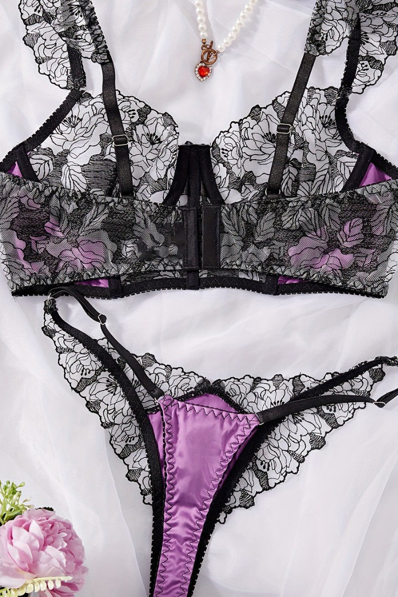 Floral Lace Satin Lingerie Set