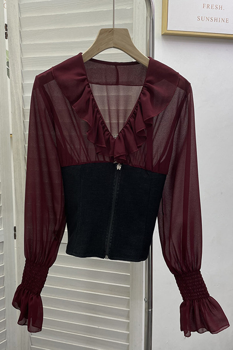 Ruffle Long Sleeve Zip-Up Blouse