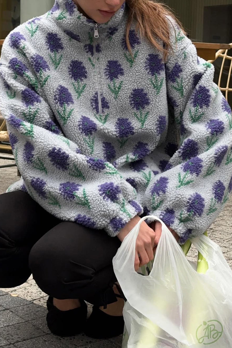 Floral Printed Zipper Front Cozy Jacket