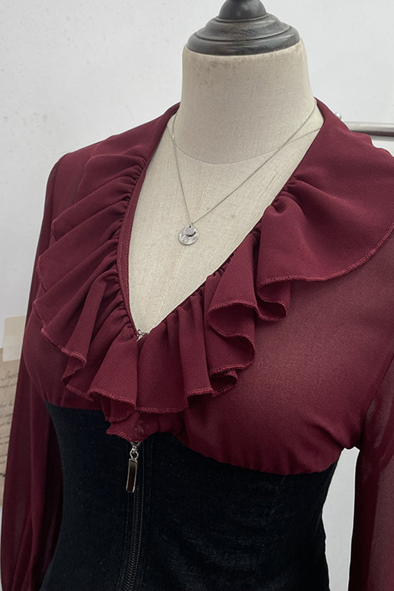 Ruffle Long Sleeve Zip-Up Blouse