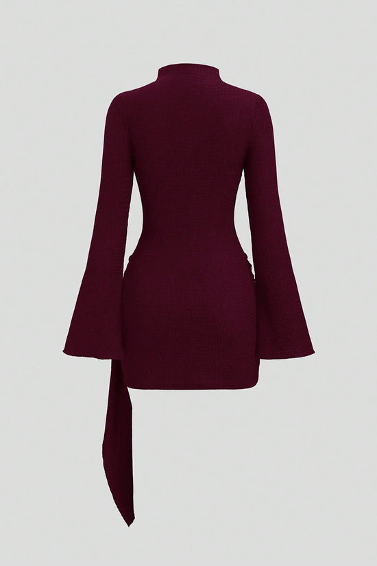 Belted High Neck Bell Sleeve Dress