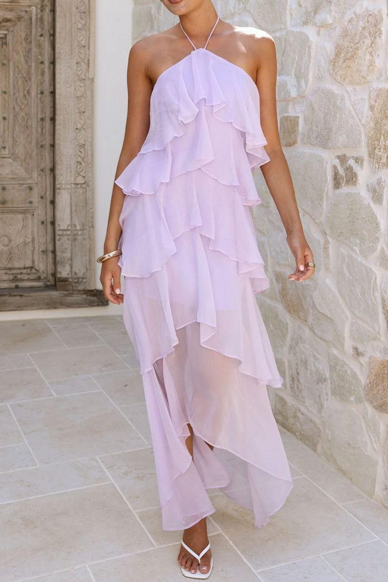 Tiered Asymmetric Halter Casual Dress