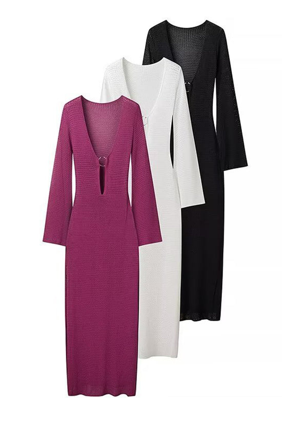 Deep V-Neck Long Sleeve Bodycon Dress