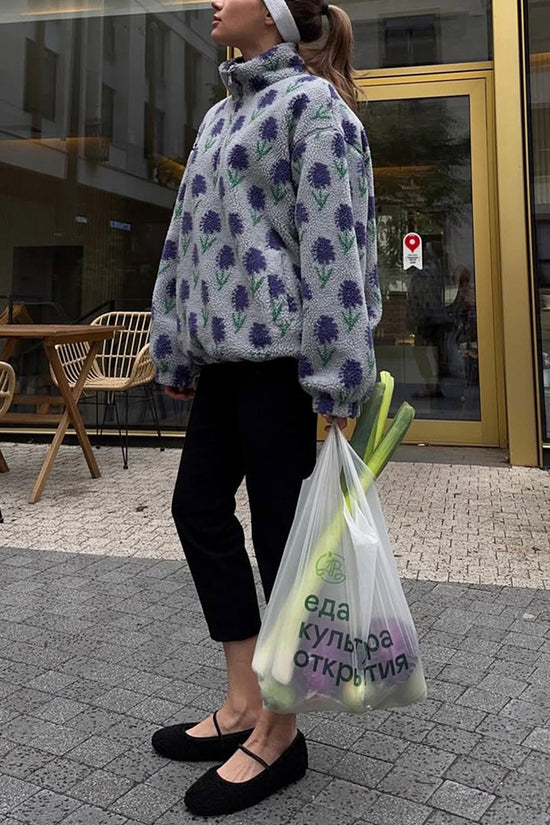 Floral Printed Zipper Front Cozy Jacket