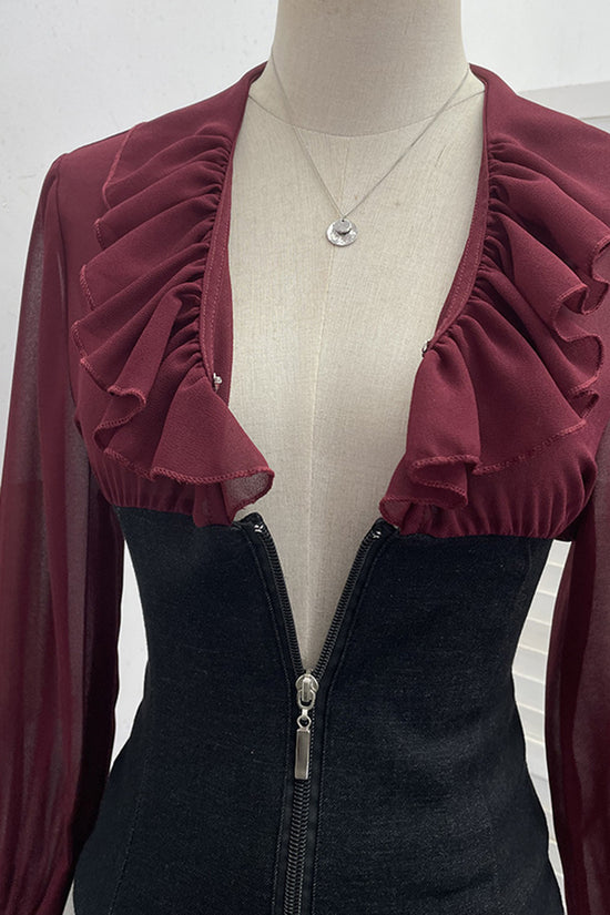 Ruffle Long Sleeve Zip-Up Blouse