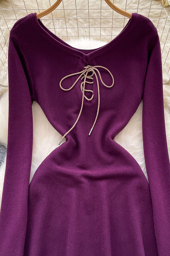 Lace-Up Long Sleeve Casual Dress