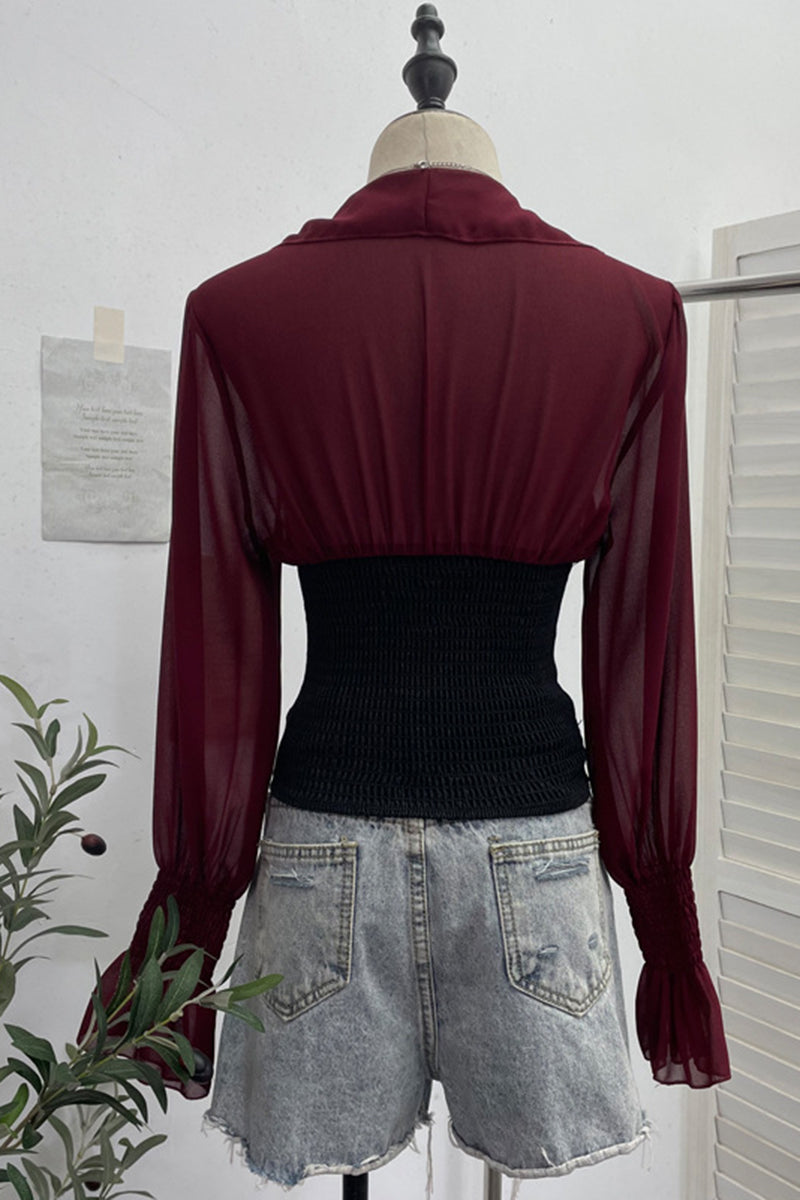 Ruffle Long Sleeve Zip-Up Blouse