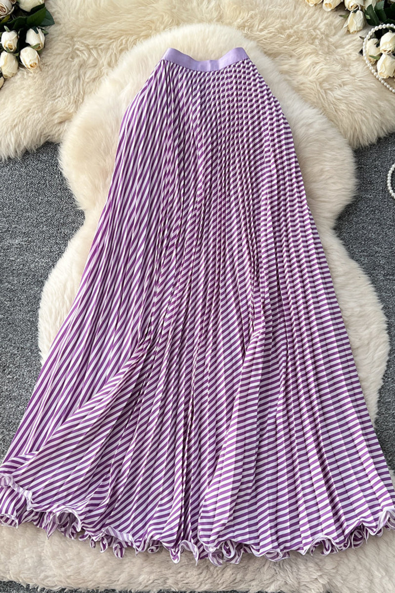 Striped Pleated Midi Skirt