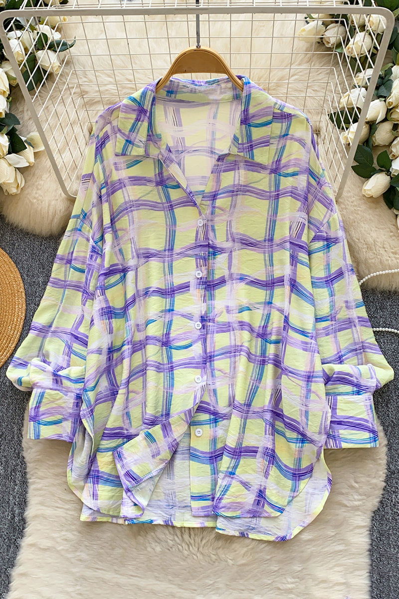 Relaxed Fit Plaid Button-Up Blouse