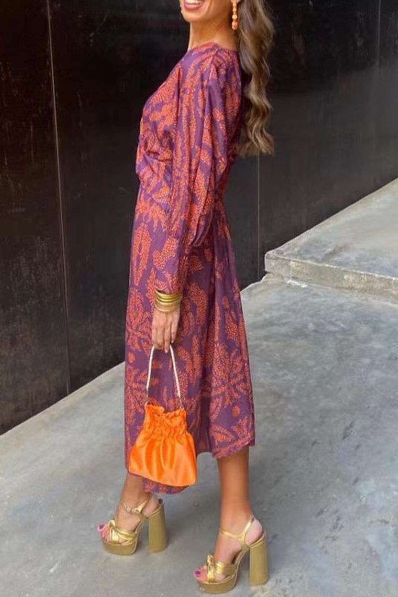 Patterned Long Sleeve Knotted Dress