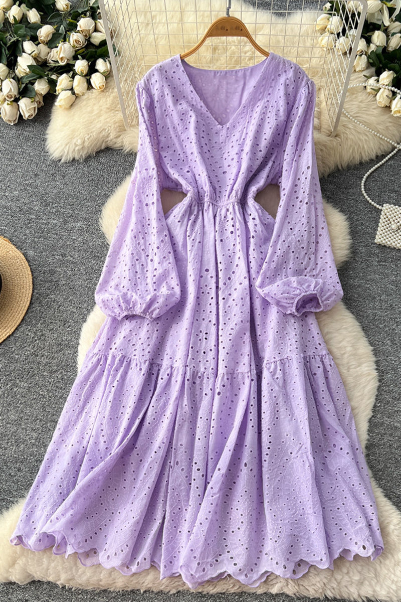 Elegant V-Neck Eyelet Casual Dress