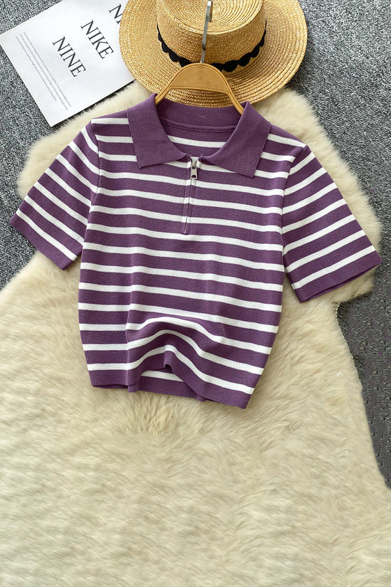 Striped Polo Zipper T-Shirt