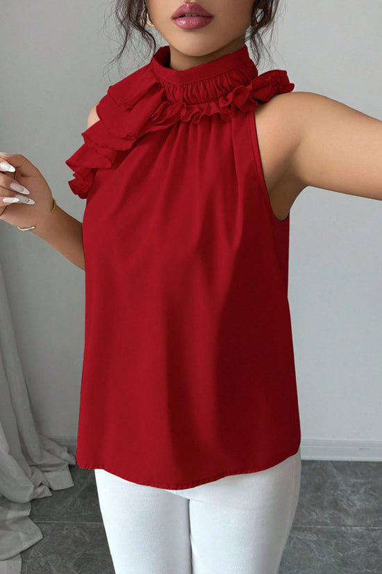 Ruffled High Neck Sleeveless Blouse