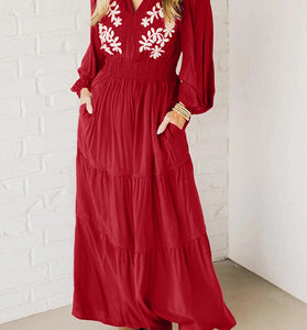 Boho V-Neck Long Sleeve Maxi Dress