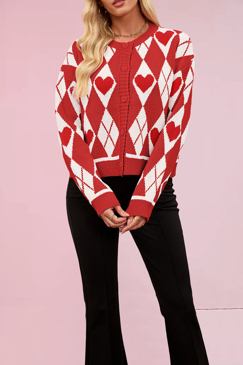 Heart Argyle Button-Up Cardigan