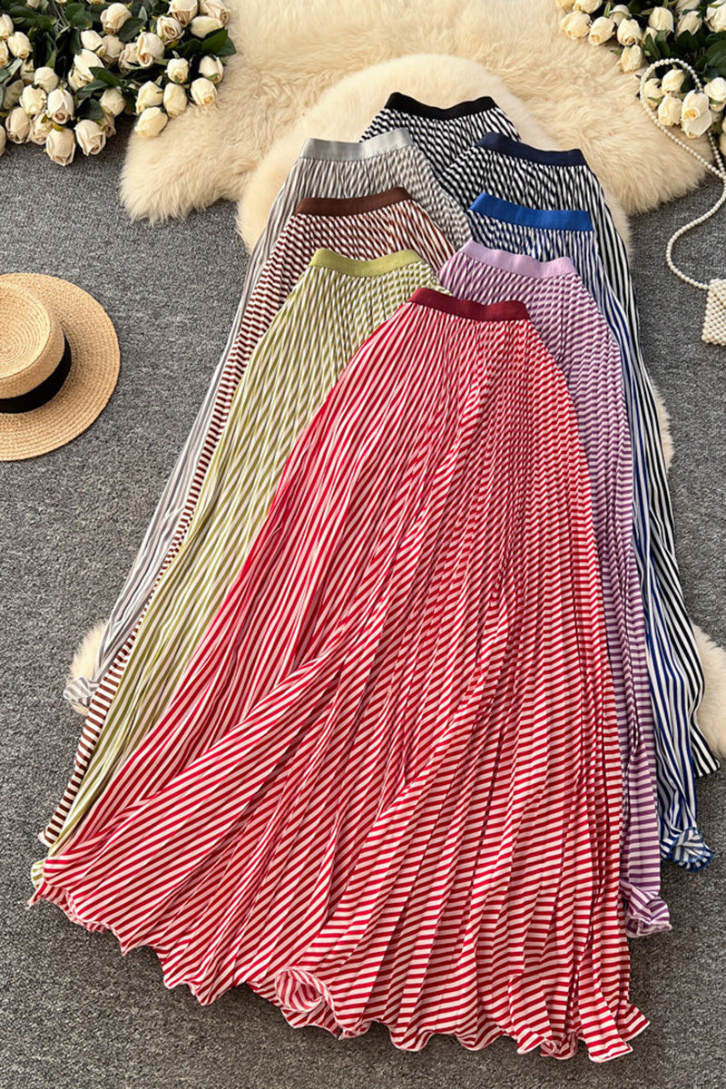 Striped Pleated Midi Skirt
