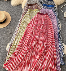 Striped Pleated Midi Skirt