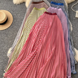 Striped Pleated Midi Skirt