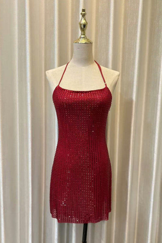 Rhinestone Halter Mini Dress