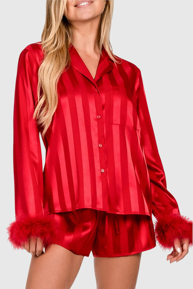 Feather Trim Button-Down Loungewear Set
