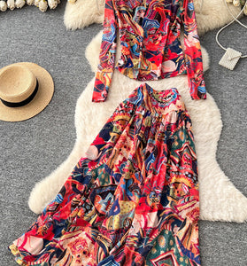 Abstract Print Long Sleeve Skirt Set