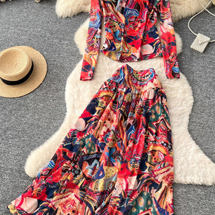 Abstract Print Long Sleeve Skirt Set