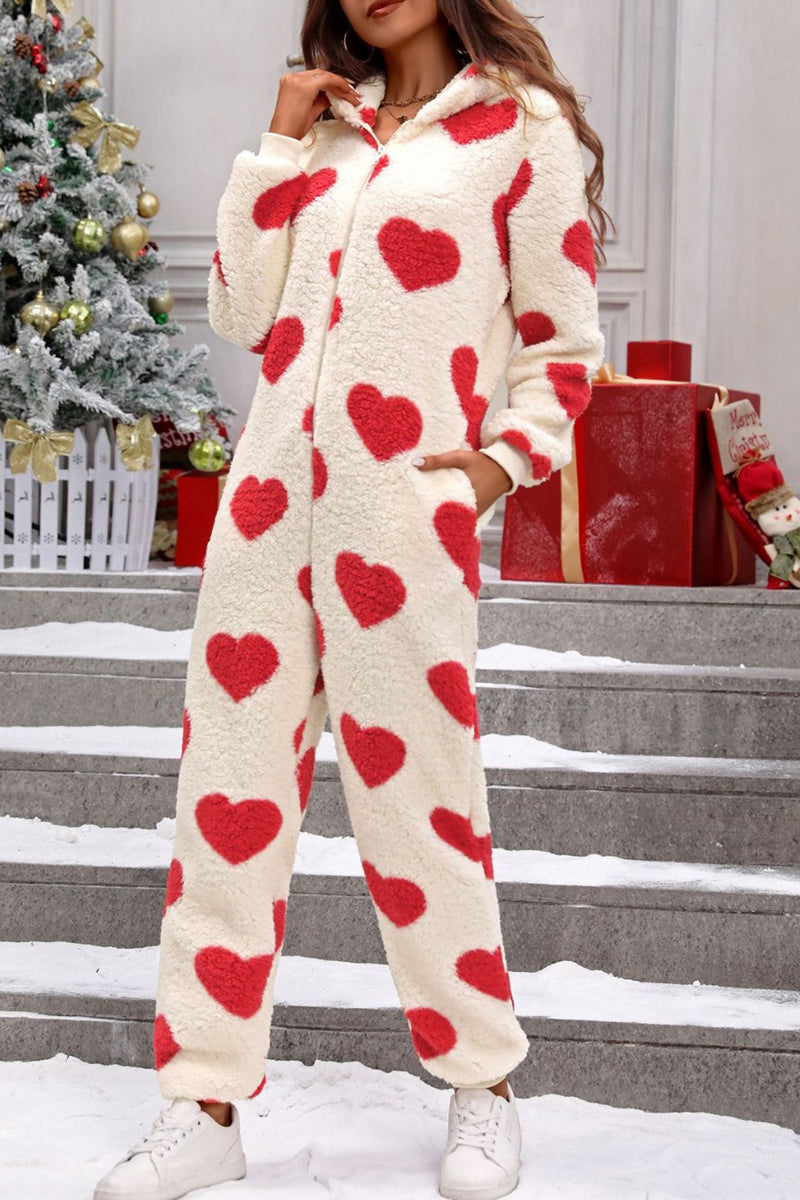Cozy Heart Pattern Hooded Jumpsuit