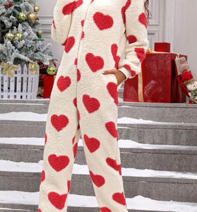 Cozy Heart Pattern Hooded Jumpsuit