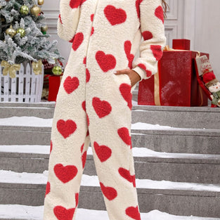 Cozy Heart Pattern Hooded Jumpsuit