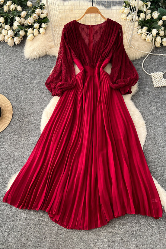 Lace Lantern Sleeve Pleated Dress