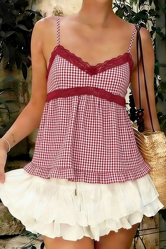 Lace Trim Gingham Camisole Top