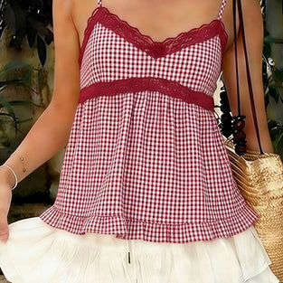 Lace Trim Gingham Camisole Top