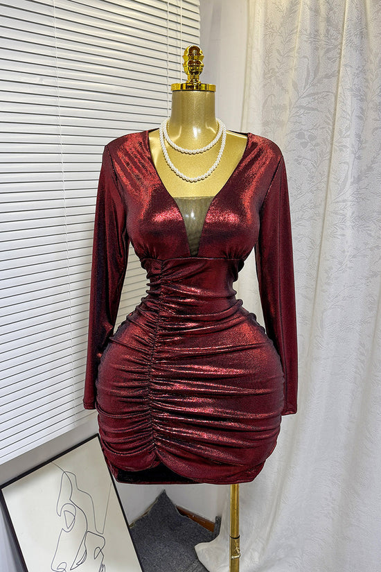 Ruched Deep V-Neck Casual Dress