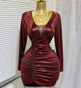 Ruched Deep V-Neck Casual Dress