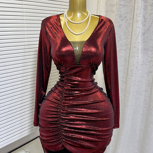 Ruched Deep V-Neck Casual Dress