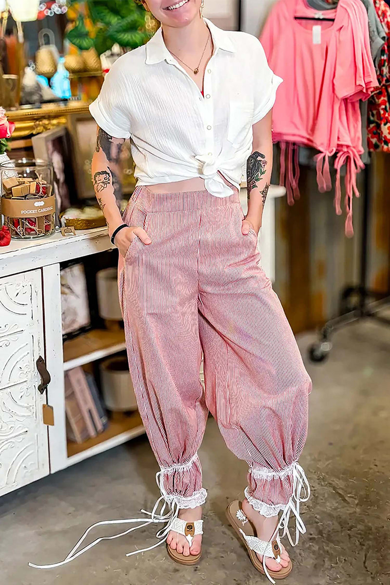 Stripe Lace Ribbon Detail Wide Leg Pants