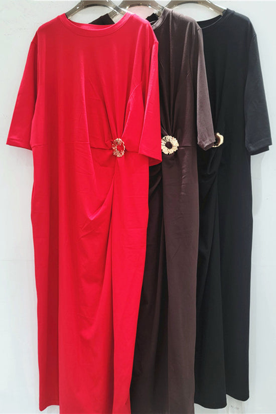 Elegant Ruched Midi Dress with Brooch