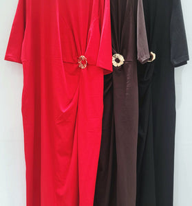 Elegant Ruched Midi Dress with Brooch